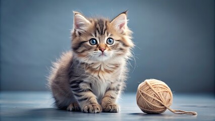 Wall Mural - Adorable fluffy kitten with big curious eyes playing with a yarn ball , cute, curious, kitten, playful, fur, fluffy, pet