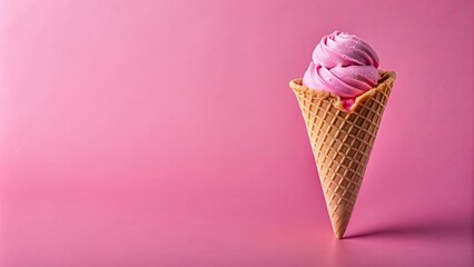 Poster - Pink ice cream in a waffle cone on a pink background, pink, ice cream, waffle cone, sweet, dessert, delicious, pastel