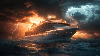 dramatic cruise ship photography , turbulent sea photography , storm cruise ship image , detailed 8k photo of a cruise ship in a storm , dramatic photograph of a large cruise ship on turbulent waters