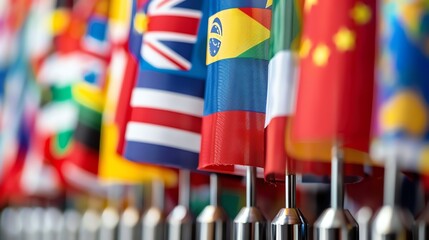 Close-up of various international flags in a row, representing global culture, diversity, unity, and international relations.