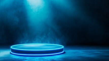 Poster - Abstract Blue Neon Light Pedestal in Foggy Background.