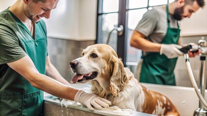 Wall Mural - Happy Dog Grooming Session. A cheerful dog grooming session with a small dog on a grooming table, being pampered by two smiling pet groomers. 