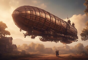 Wall Mural - huge steampunk background brown empty fantasy airship concept vintage beautiful wallpaper illustration 3d fantastic journey technology design transportation light gas retro