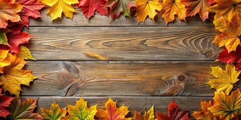 Sticker - Autumn leaves border on a wooden background, autumn, leaves, border, seasonal, fall, foliage, nature, background, wooden, orange