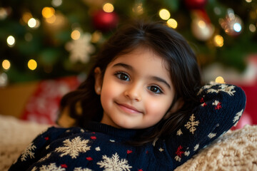 Wall Mural - A smiling child wearing a festive sweater with snowflake patterns poses in front of a beautifully decorated Christmas tree