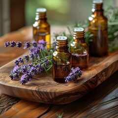 Canvas Print - Wooden Tray with Essential Oil Roller Bottles and Fresh Lavender Sprigs  Natural Wellness and Aromatherapy Concept