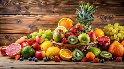 Sticker - Assorted fresh fruits on a wooden table, fruit, healthy, organic, table, vibrant, colorful, variety, nutrition, diet, natural