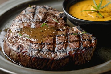 Grilled steak with herb garnish and sauce on plate