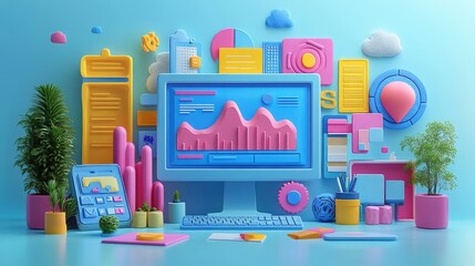 Poster - marketing online with seo reach: a vibrant 3d render depicting seo methods to expand reach, featurin