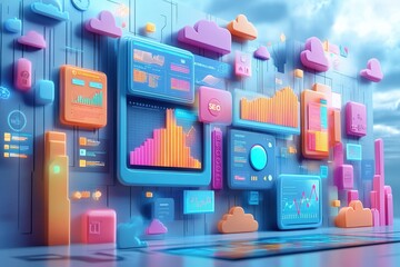 Poster - marketing online with seo platform: a futuristic 3d render of various seo platforms, including googl