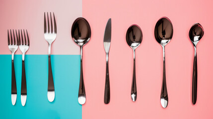 Wall Mural - An artistic arrangement of various silverware pieces on a half pink, half blue backdrop, emphasizing contrast and modern design.