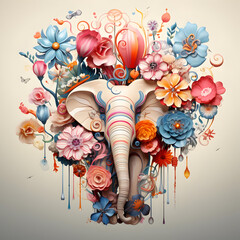 Wall Mural - Elephant Illustration with Colorful Flowers