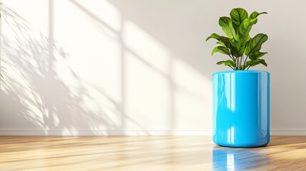 Wall Mural - Blue Plant Pot with Green Plant in a Modern Interior.