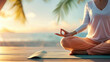 © Rutchaneewan - Experience tranquility in this serene beach yoga scene, captured in golden hour light, showcasing relaxation and mindfulness. Perfect for wellness and lifestyle themes.