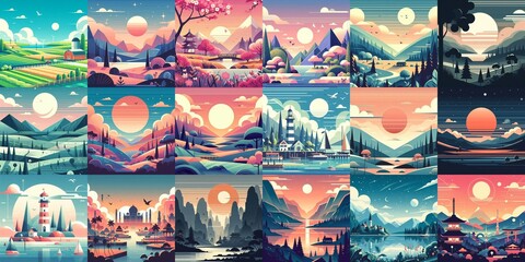 Beautiful landscapes in anime art style. AI generated illustration