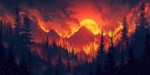 Sticker - Mountaineous Wildfire Forest Scenery