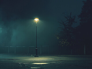 Poster - Mysterious Nighttime Urban Landscape Under Misty Sky Illuminated by Streetlamp