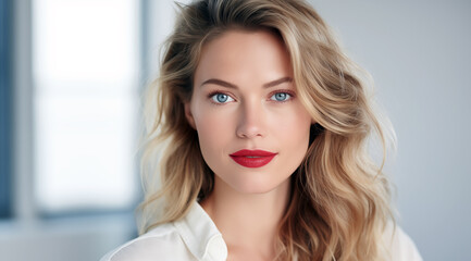 Portrait d'une séduisante femme blonde souriante âgée de 25 ans avec un rouge à lèvres rouge, fond blanc, prise de vue en studio.