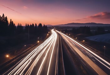 Wall Mural - exposure long light vehicles road passing trails sky glowing architecture background blue blur blurred building car city landscape dark europa fast landmark motion movement