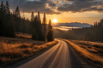 Poster - winding dirt road through forest at sunset
