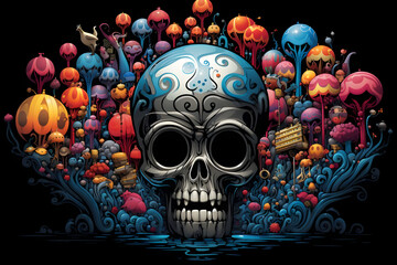 Poster - Skull in a Colorful Mushroom Forest Illustration