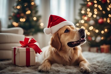 Wall Mural - gift dog holding christmas box happy mouth present holiday red background pet animal white year santa new giving funny cute paper celebration golden retriever december humor pedigreed studio portrait