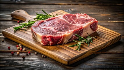 Poster - Close up of a juicy meat chop on a cutting board , food, cooking, dinner, raw, protein, butcher, fresh, ingredient, seasoning, kitchen