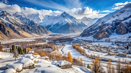 Sticker - Snow-covered Thallay Valley in winter with stunning views of Gilgit-Baltistan nature landscapes, Thallay Valley