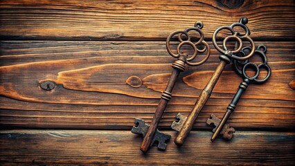 Three vintage antique keys on a rustic wooden surface, antique, keys, vintage, metal, old, retro, lock, collectible