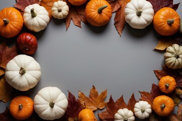 Sticker - styled flatlay image featuring a grey background with pumpkins and leaves
