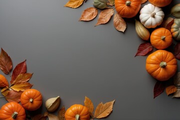 Poster - styled flatlay image featuring a grey background with pumpkins and leaves
