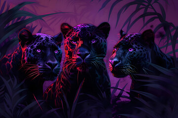 Poster - Three Black Panthers in Jungle Illustration