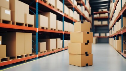 Cardboard boxes on blur storage warehouse shelves background. 3d illustration , ready for the delivery of packages in the warehouse created with generative ai