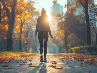 Poster - Silhouetted Figure Strolling Through Autumnal Forest Landscape