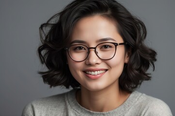 Wall Mural - professional studio portrait of a smiling asian woman with glasses
