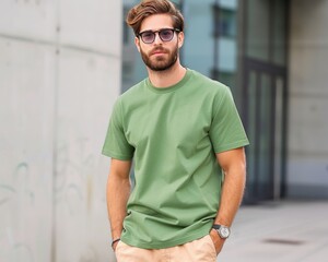 Stylish man in green t-shirt and sunglasses posing confidently outdoors, exudes casual fashion and modern lifestyle.