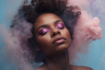 Wall Mural - stylized portrait of woman with curly hair and pink makeup
