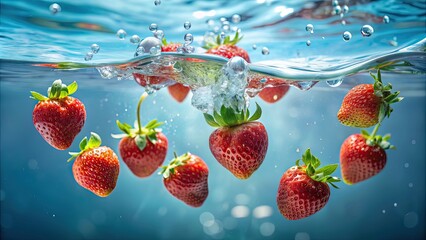 Sticker - Strawberries floating in clear water , fresh, fruit, red, vibrant, submerged, summer, juicy, healthy, organic, colorful, floating