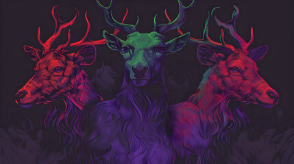 Poster - Three Deer Illustration with Neon Colors