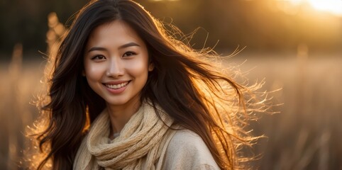 Wall Mural - young woman smiling in golden hour light
