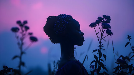 Poster - Silhouette of a Woman in a Field of Flowers at Sunset