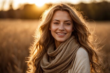 Sticker - young woman smiling in golden hour light
