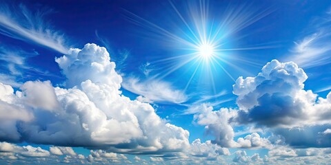 Canvas Print - Fluffy white clouds in a bright blue sky with sun shining through , clouds, blue sky, sunny, fluffy, serene, peaceful, nature