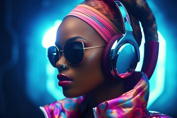 Wall Mural - Cyberpunk headphones, black woman and fashion in studio,