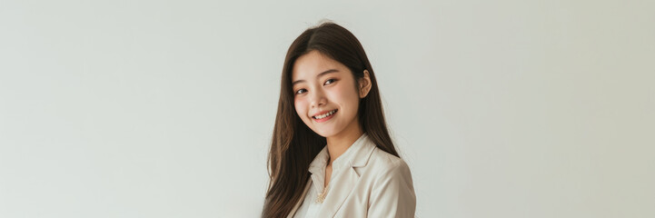 Wall Mural - Asian adolescent, dressed in crisp pastel suit and white shirt, laughs joyfully while holding a gold trophy, signifying her hard work and academic achievement on white background.