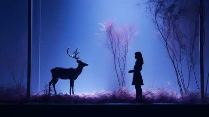 Poster - Silhouette of a Woman and a Deer in a Blue Forest Illustration