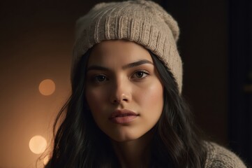 Sticker - young woman wearing knitted hat with bokeh background
