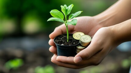 Wall Mural - Hand Holding Potted Plant With Coins.