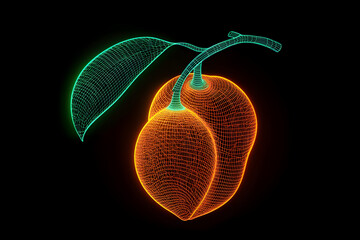 Wall Mural - Neon wireframe loquat fruit isolated on black background.