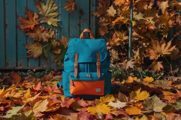 blue backpack on autumn leaves background
